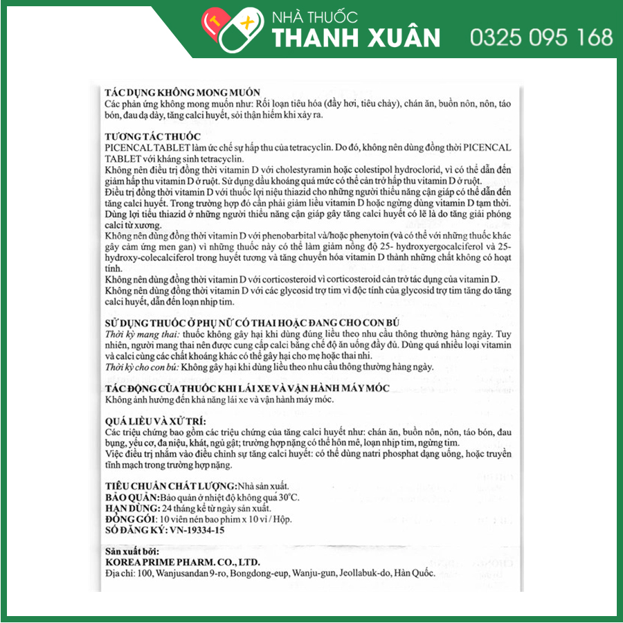 Picencal phòng và điều trị bệnh loãng xương, nguyễn xương, còi xương